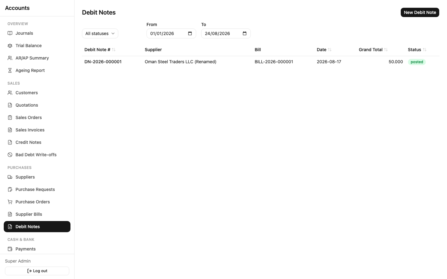 Debit notes list