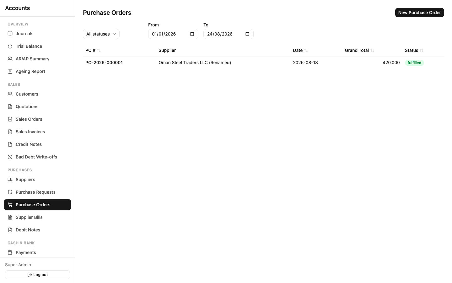 Purchase orders list