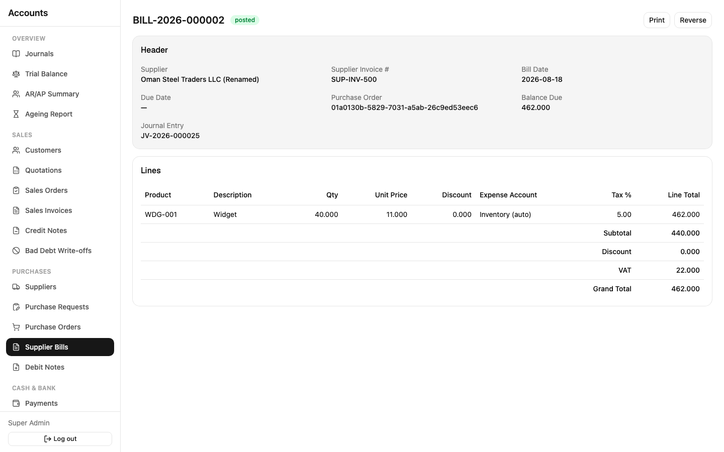 Supplier bill detail
