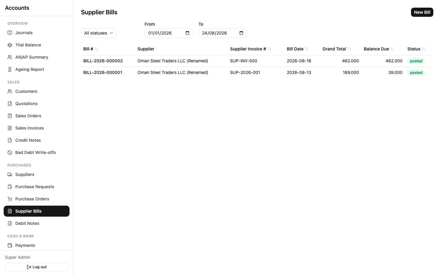 Supplier bills list