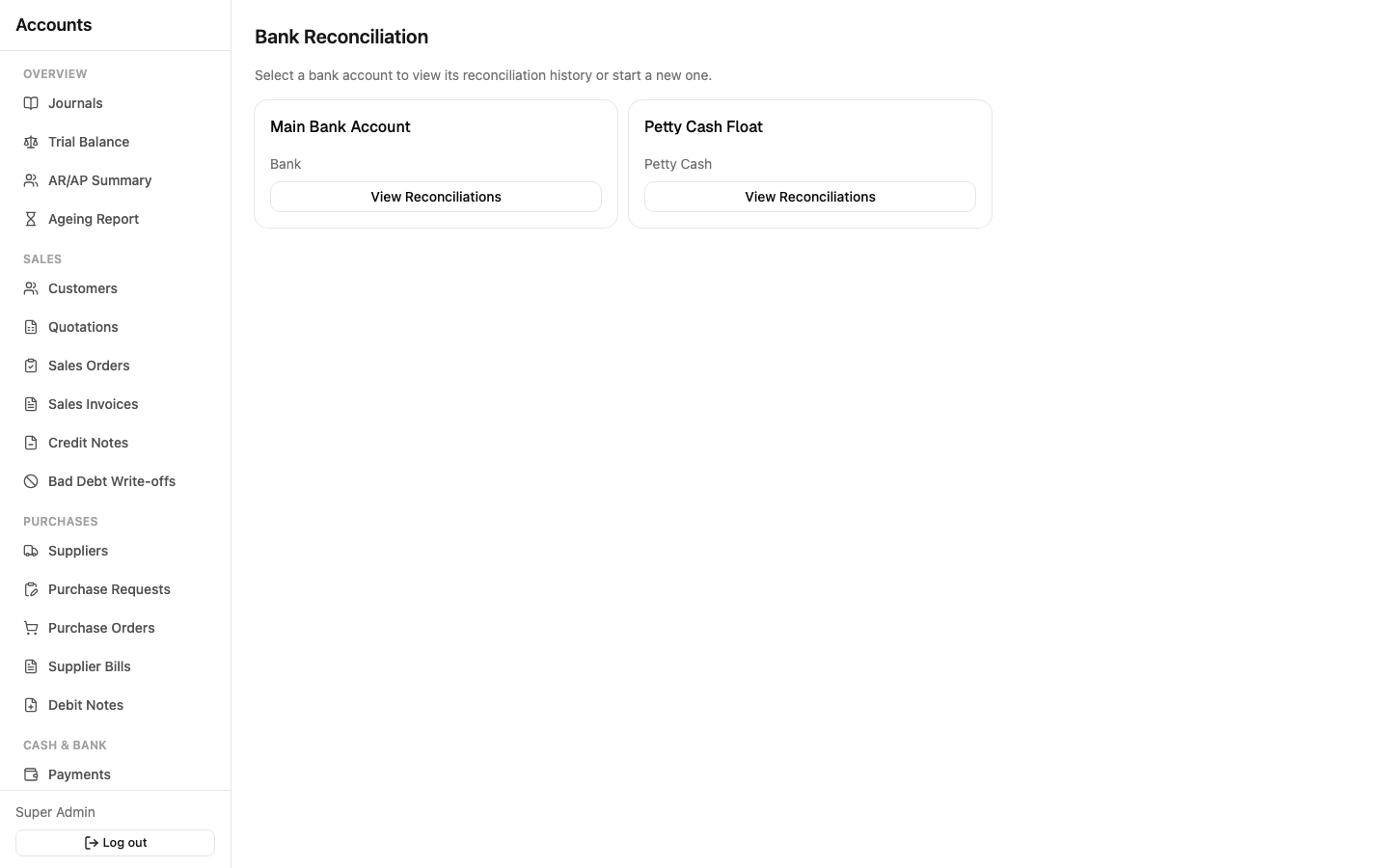 Bank reconciliations list