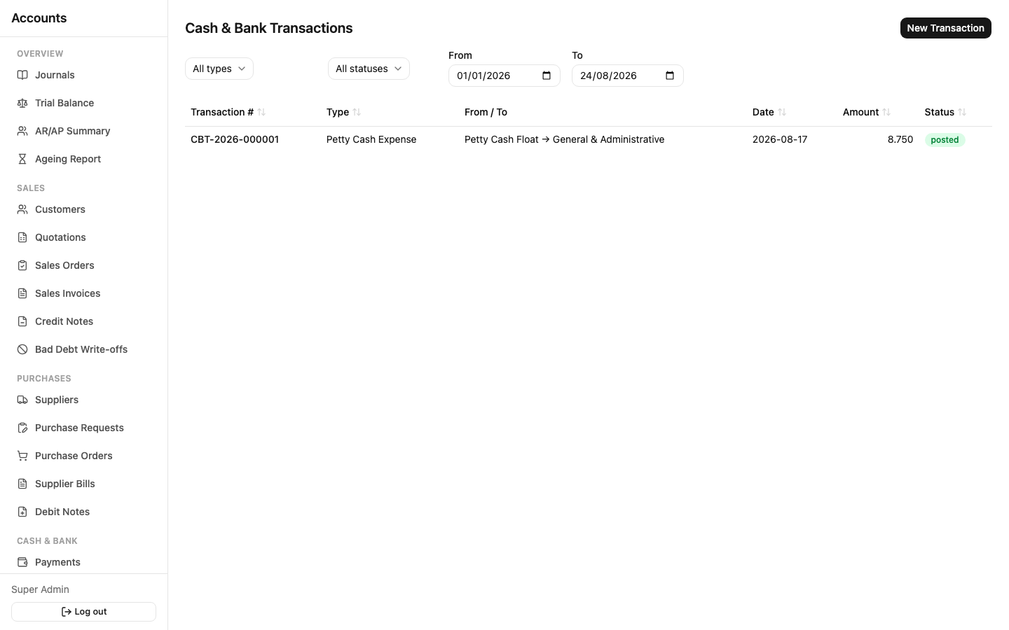 Cash and bank transactions list