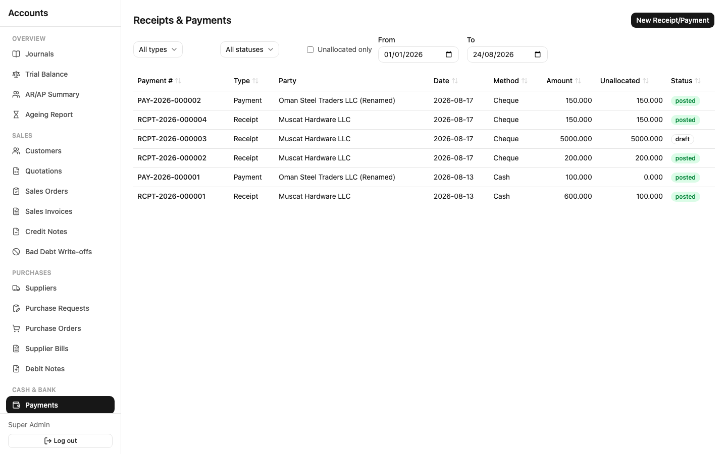 Payments list