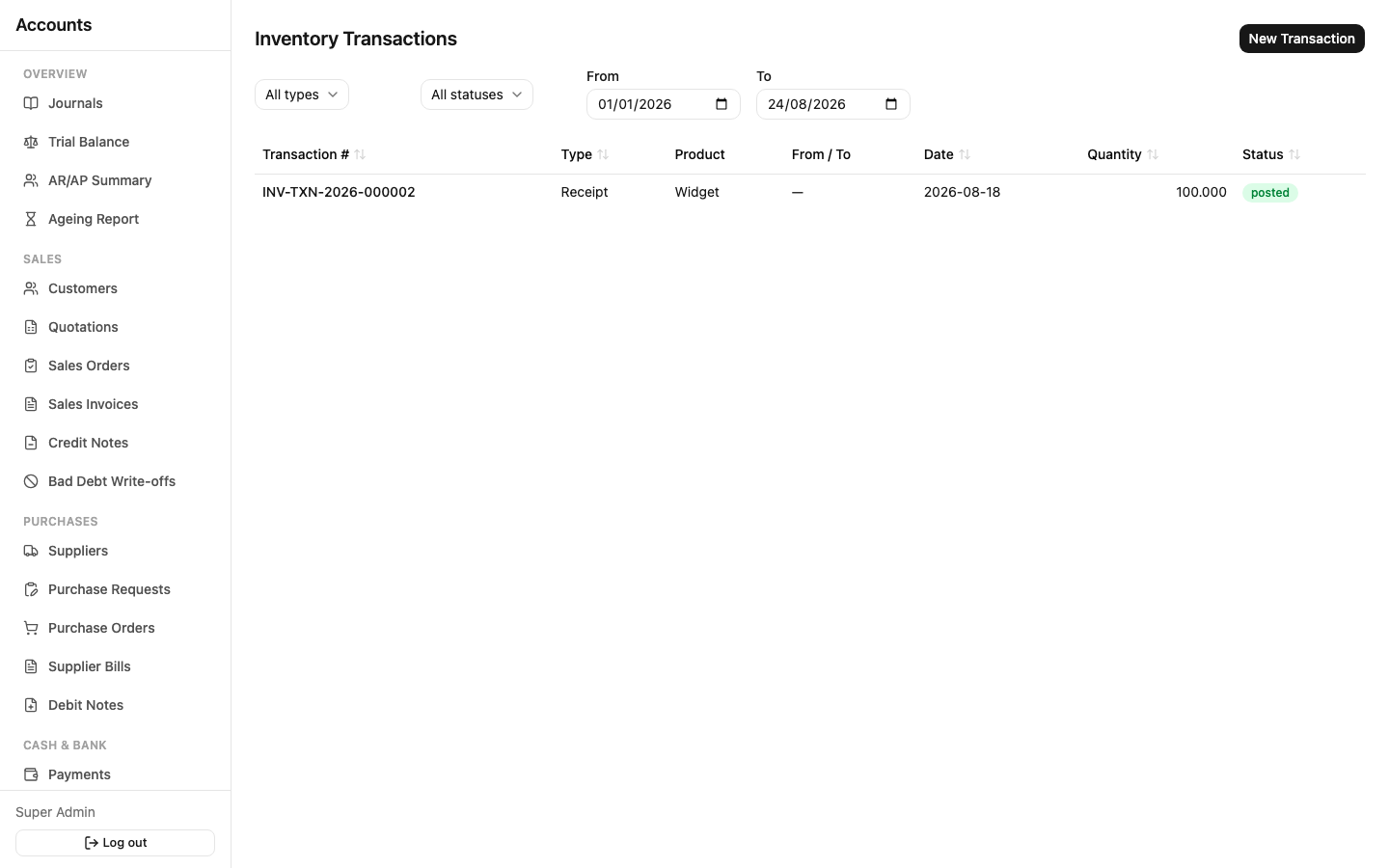 Inventory transactions list