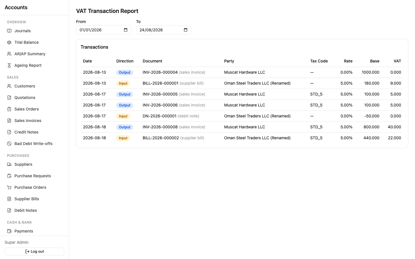 VAT transaction report