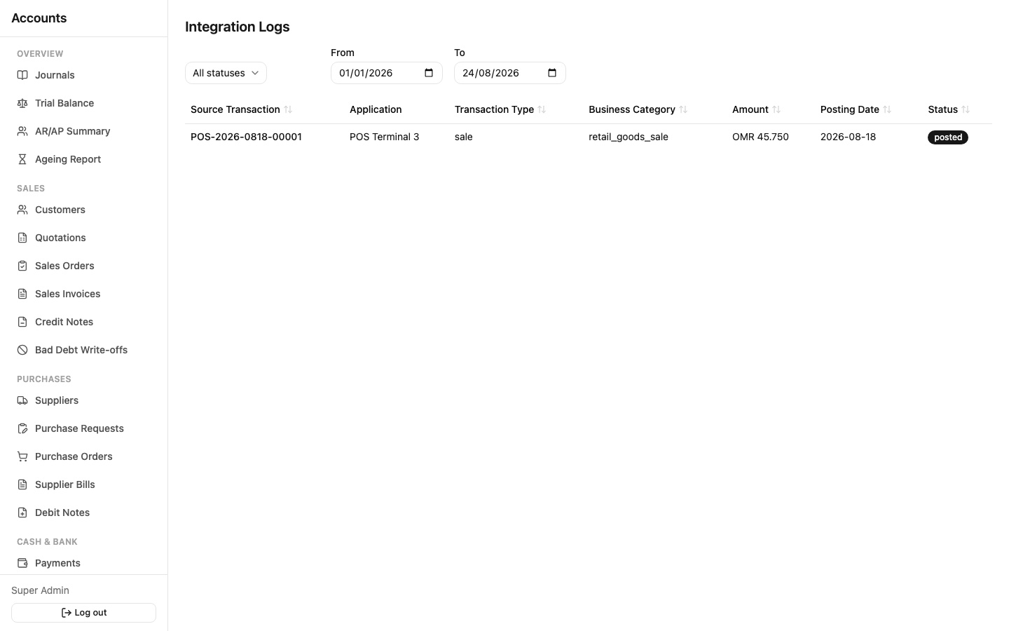 Integration logs list