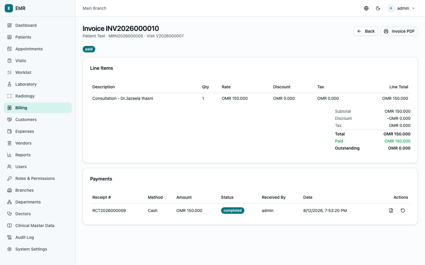 Invoice detail with Collect Payment