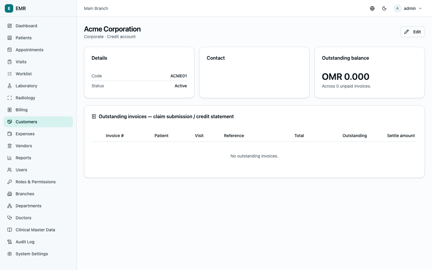 Customer detail with outstanding invoices