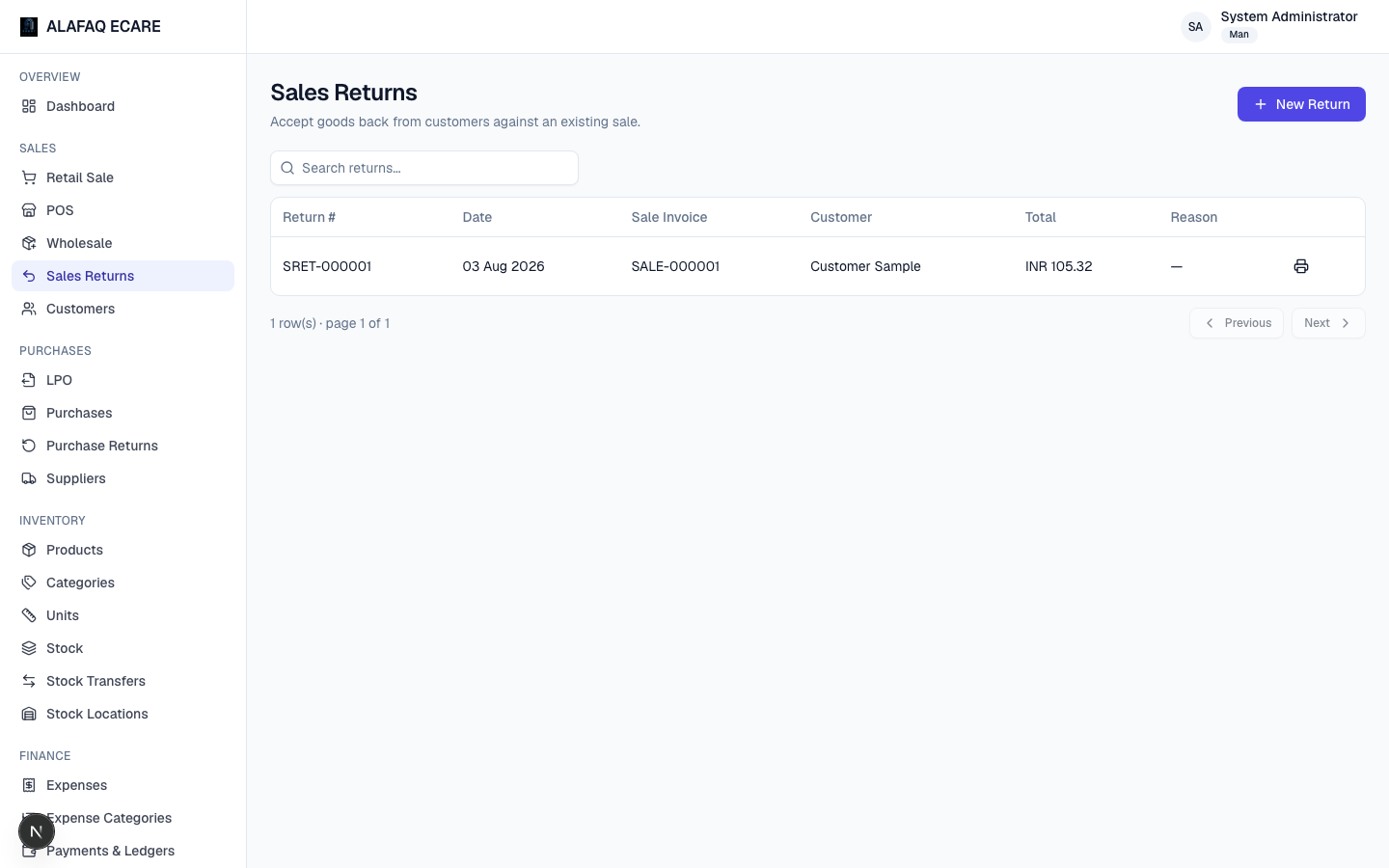 Sales returns screen