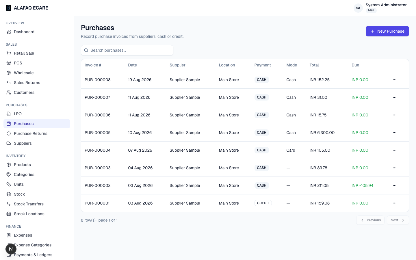 Purchases screen