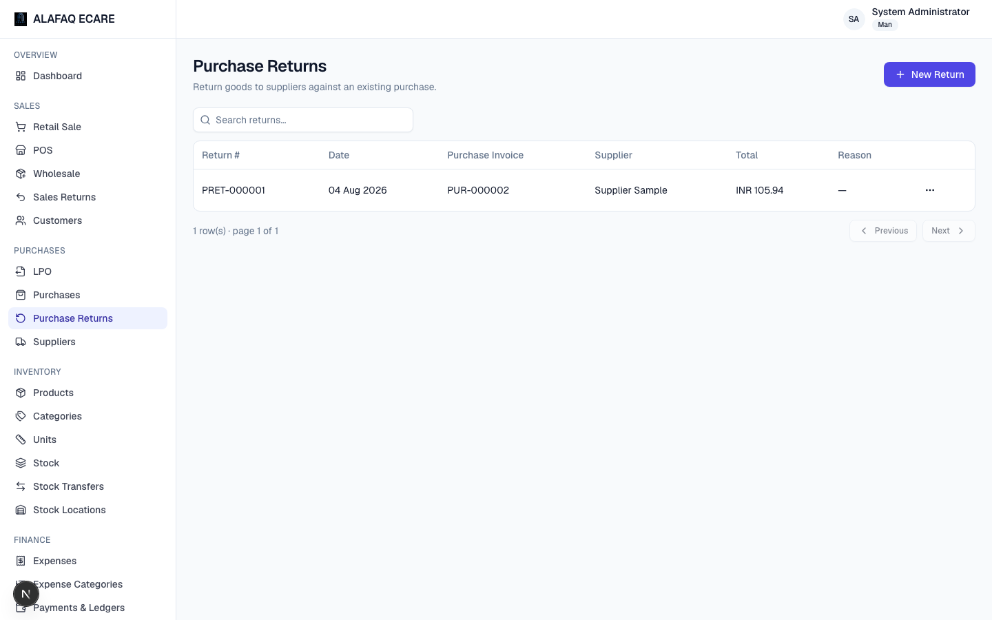 Purchase returns screen