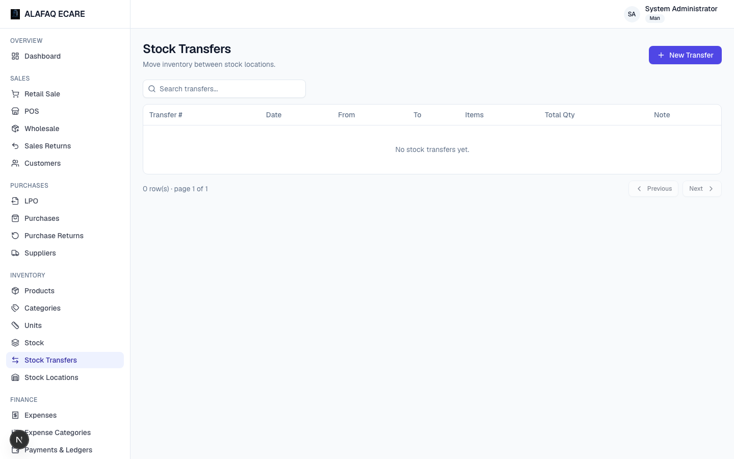 Stock transfers screen