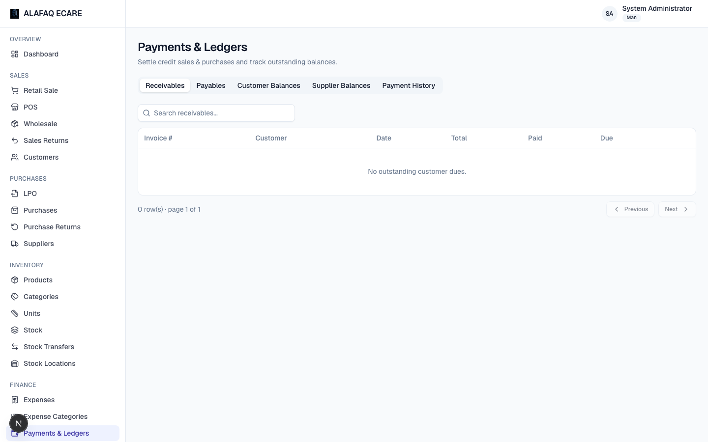 Payments and ledgers screen
