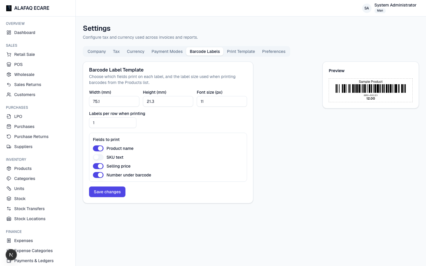 Settings — Barcode Labels tab