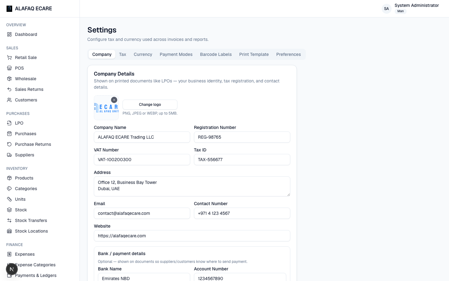 Settings — Company tab