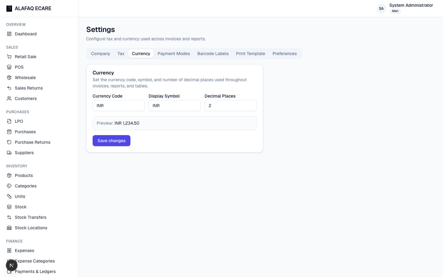 Settings — Currency tab
