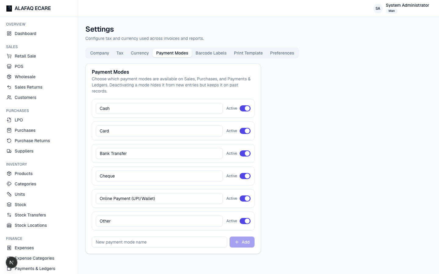 Settings — Payment Modes tab