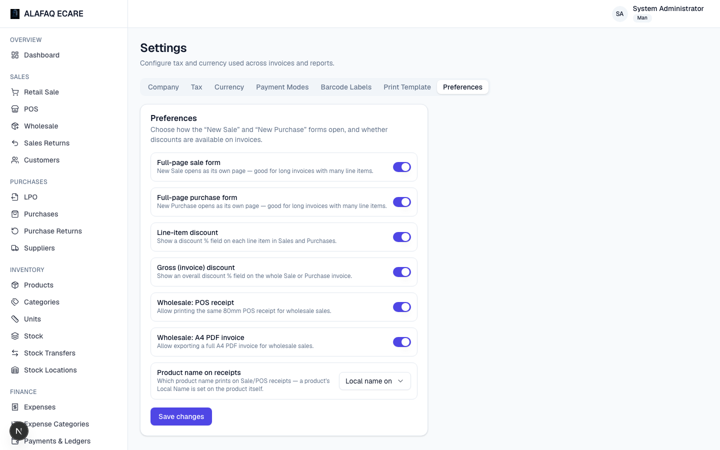 Settings — Preferences tab