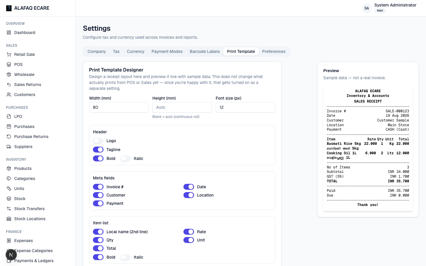 Settings — Print Template tab