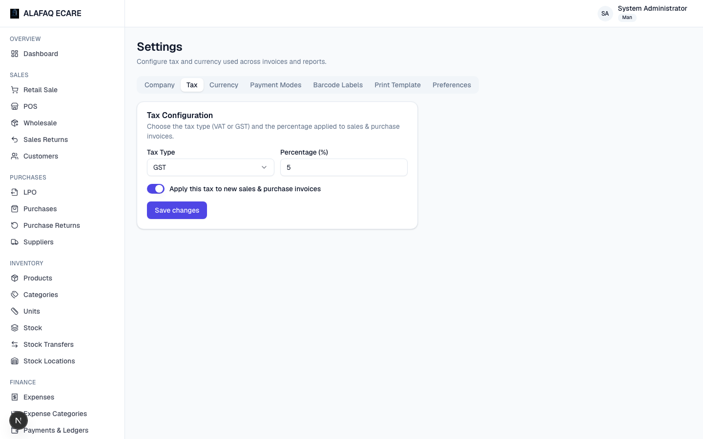 Settings — Tax tab