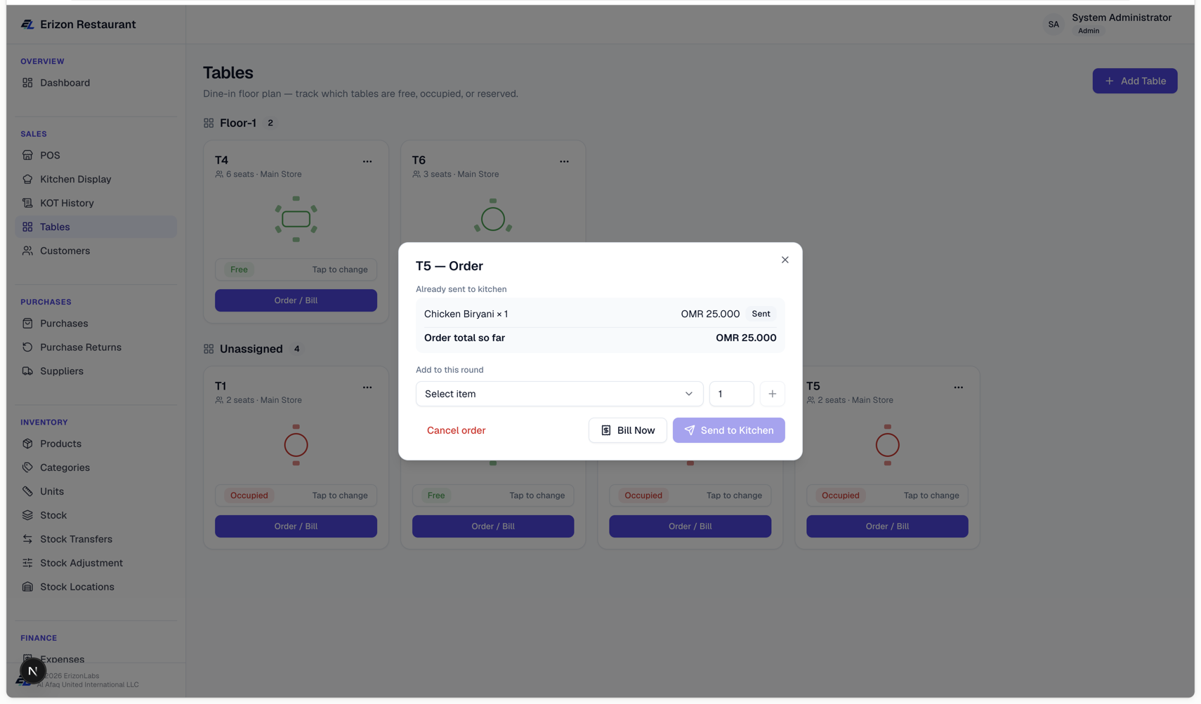 Table order dialog — a round already sent to the kitchen, ready to send another or bill