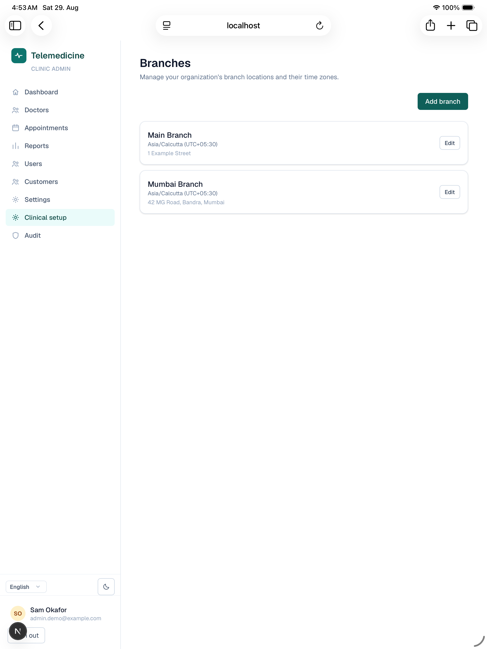 Clinical setup — branches