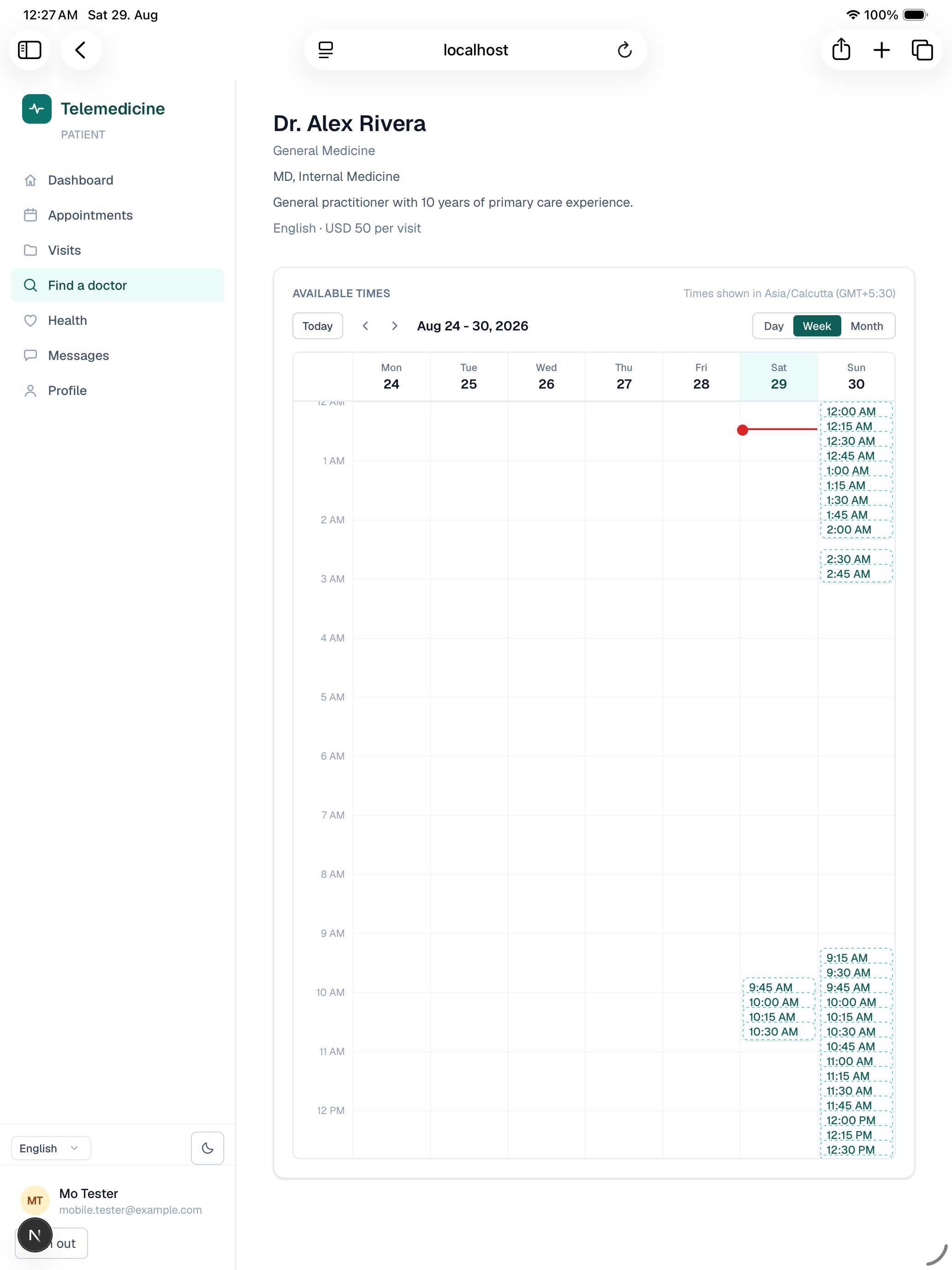 Doctor profile and booking calendar